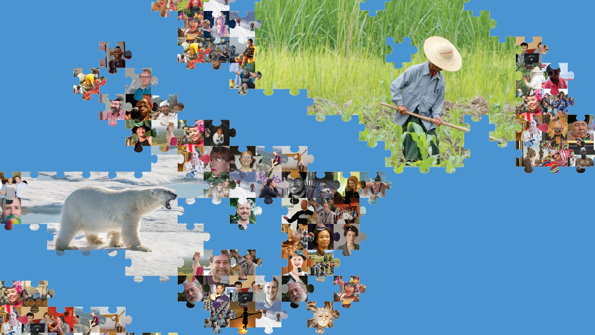 Илюстрация от 25-годишнината на Уикипедия, показваща хора, природа и животни, свързани като пъзел – символ на колективното човешко знание.