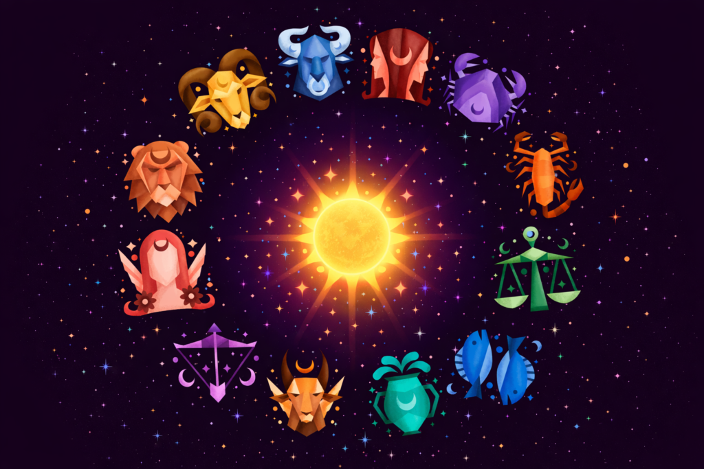 Илюстрирано зодиакално колело с дванадесетте зодии, подредени в кръг около слънце на фона на звездно небе.