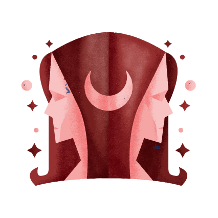 Илюстрация на зодия Близнаци, изобразена с две симетрични лица в червени и розови тонове.