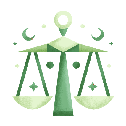 Илюстрация на зодия Везни със стилизирана везна в зелени тонове и симетрична композиция.