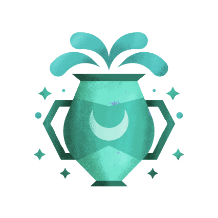 Илюстрация на зодия Водолей със стилизиран съд, от който изтича вода, в зелено-сини тонове и геометричен стил.