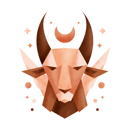Илюстрация на зодия Козирог с глава на козирог в кафяви и бежови тонове, изпълнена в геометричен стил.