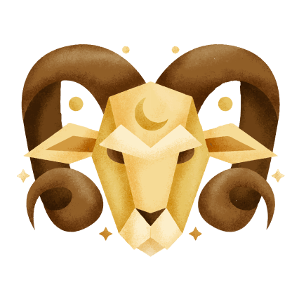 Илюстрация на зодия Овен, представена с глава на овен в златисти тонове и геометричен стил.