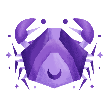 Илюстрация на зодия Рак със стилизиран рак в лилава цветова гама и геометричен дизайн.