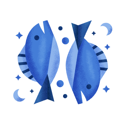 Илюстрация на зодия Риби, изобразена с две симетрични риби в сини нюанси и стилизирана геометрична форма.