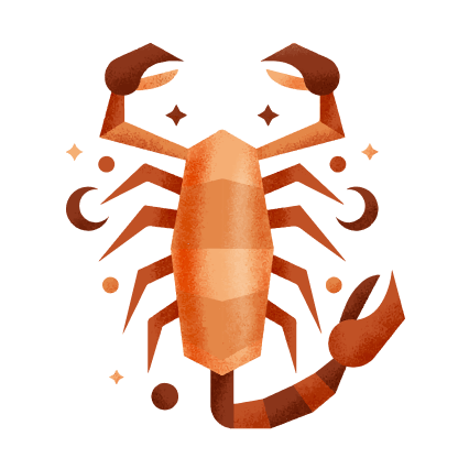 Илюстрация на зодия Скорпион, представена със стилизиран скорпион в оранжеви и червени нюанси.