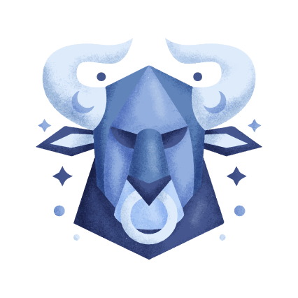 Илюстрация на зодия Телец със стилизирана глава на бик в сини нюанси и изчистена геометрична форма.