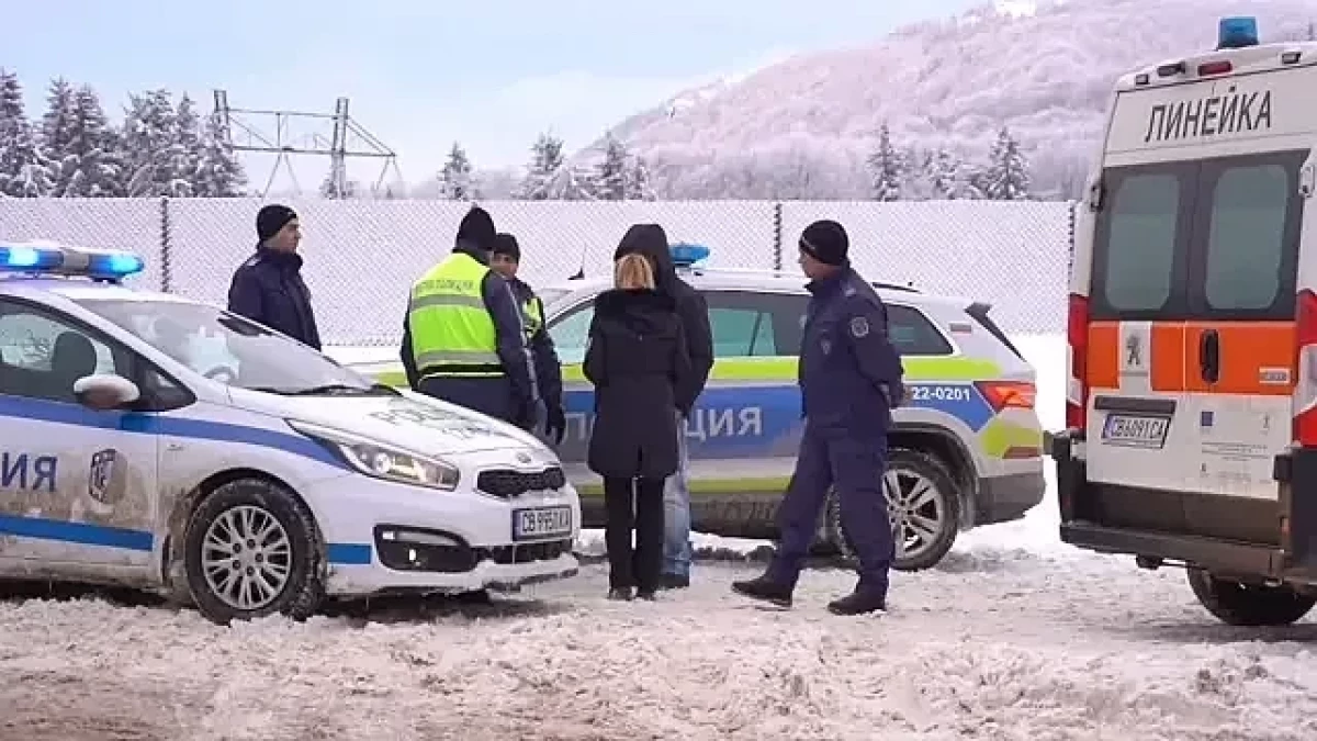 Полицейски автомобили, линейки и полицейски служители в снежен ден