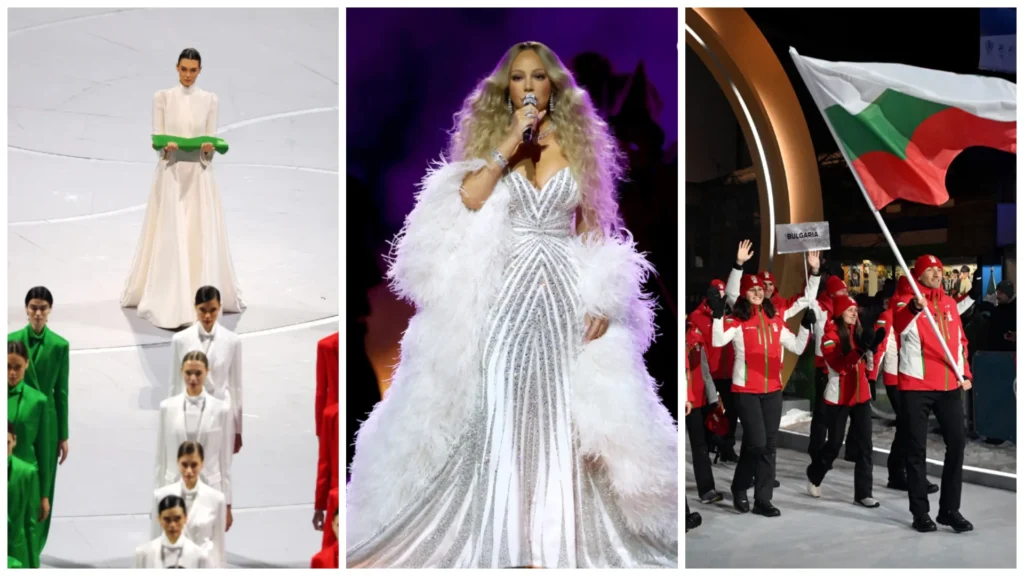 Колаж от откриването на Зимните олимпийски игри в Милано–Кортина: модели в бели и зелени тоалети на сцената, поп звезда в бляскава бяла рокля по време на изпълнение и българската делегация с националния флаг по време на парада на нациите.