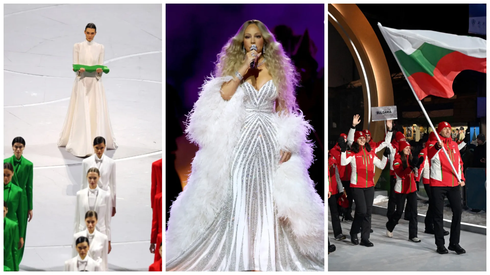 Колаж от откриването на Зимните олимпийски игри в Милано–Кортина: модели в бели и зелени тоалети на сцената, поп звезда в бляскава бяла рокля по време на изпълнение и българската делегация с националния флаг по време на парада на нациите.