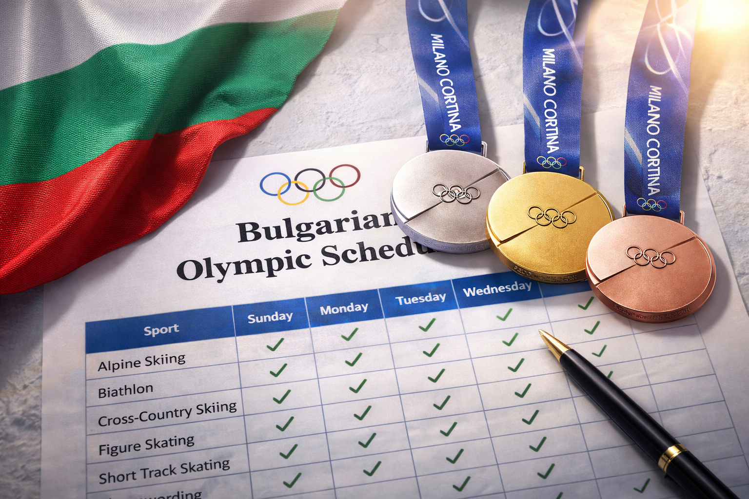 График на българските участия на Зимните олимпийски игри с олимпийски медали, българското знаме и отбелязани състезания по дни.