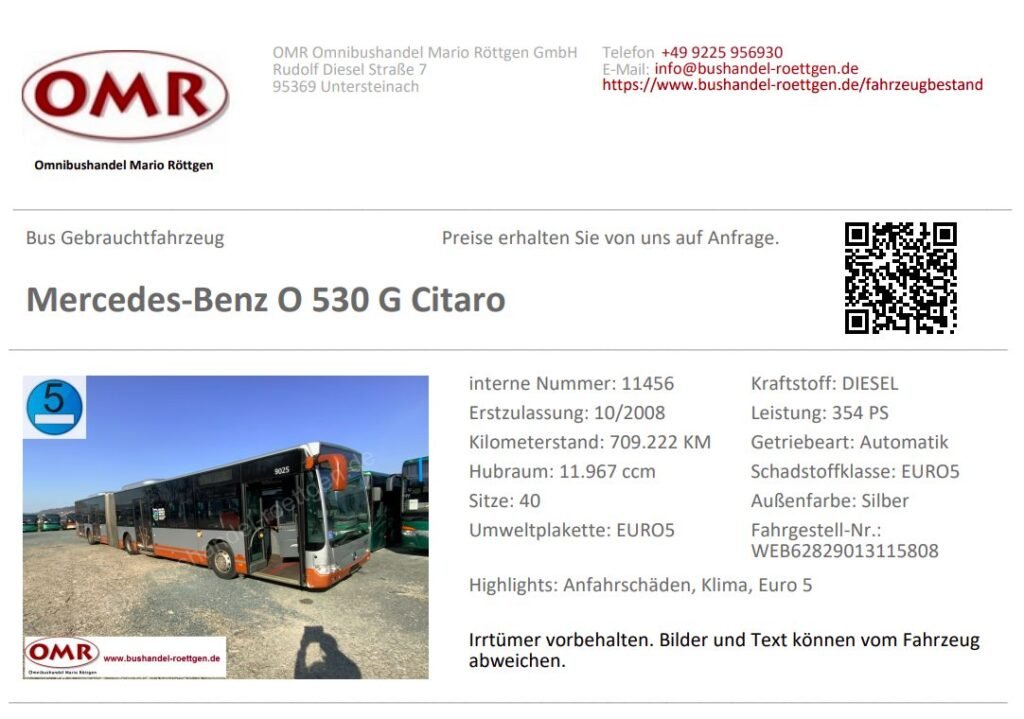 Обява за съчленен автобус Mercedes-Benz O 530 G Citaro, произведен през 2008 г., с пробег над 720 хил. км.