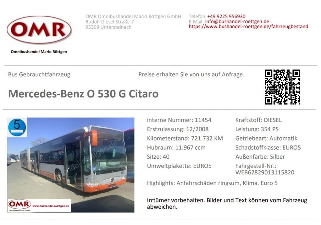 Oбява за употребяван съчленен автобус Mercedes-Benz O 530 G Citaro, произведен през 2008 г., с посочен пробег над 700 хил. км.