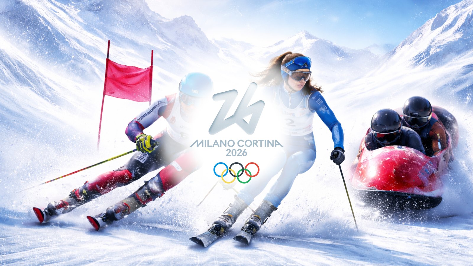 Скиори и състезатели по бобслей в динамична композиция, илюстрираща Зимните олимпийски игри Милано–Кортина 2026 на фона на заснежени Алпи.