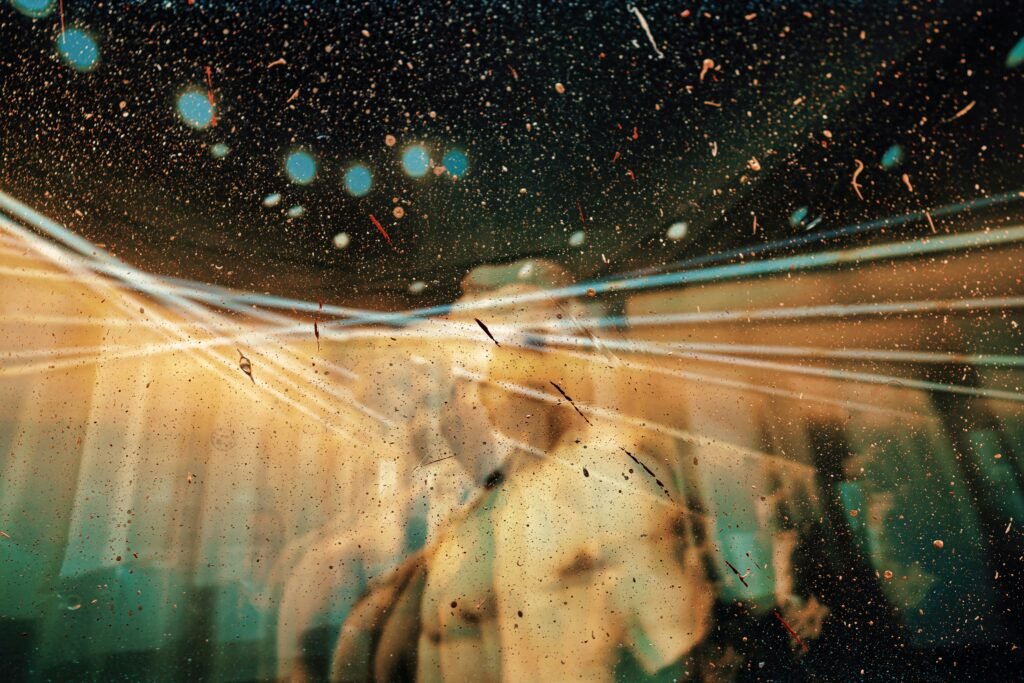 Абстрактно изображение със светлинни следи и частици, наподобяващи невронни връзки или искри в тъмно пространство.