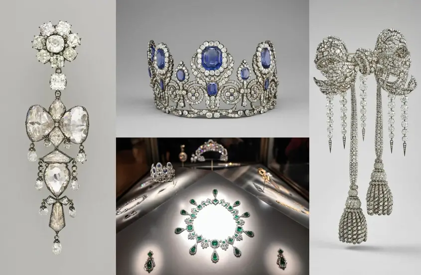 Колаж с изящни бижута от XIX век – диамантена брошка, корона със сини скъпоценни камъни, колие с изумруди и декоративен диамантен аксесоар, част от историческа колекция.