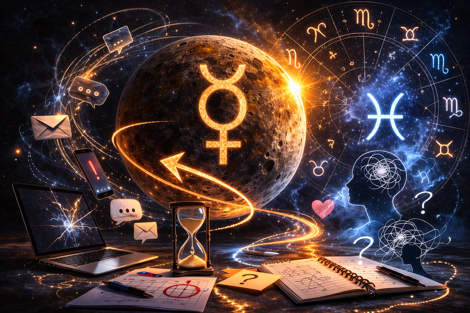 Илюстрация на ретрограден Меркурий в космична среда с планетата Меркурий, астрологични символи и визуални елементи, свързани с комуникация и време.